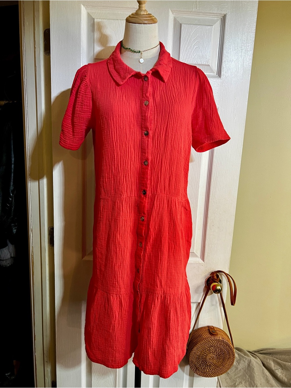 Madison +Hudson Wms Berry Red Red Cotton Gauze‎ S/S Tiered Button Down Dress L